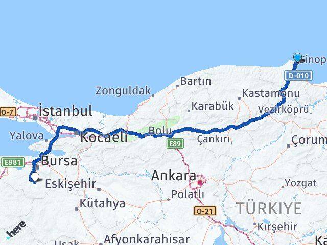 Sinop Orhaneli Bursa Arası Kaç Km - Yol Haritası