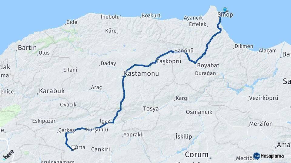 Sinop Orta Çankırı Arası Kaç Km - Yol Haritası