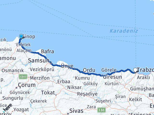 Sinop Ortahisar Trabzon Arası Kaç Km - Yol Haritası