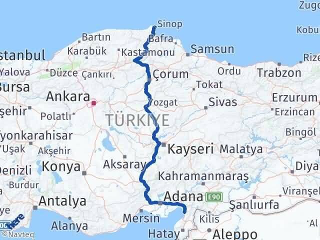 Sinop Payas Hatay Arası Kaç Km - Yol Haritası