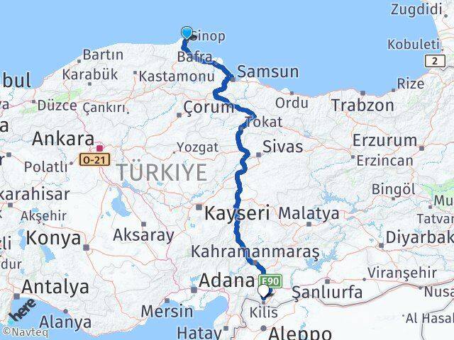 Sinop Polateli Kilis Arası Kaç Km - Yol Haritası