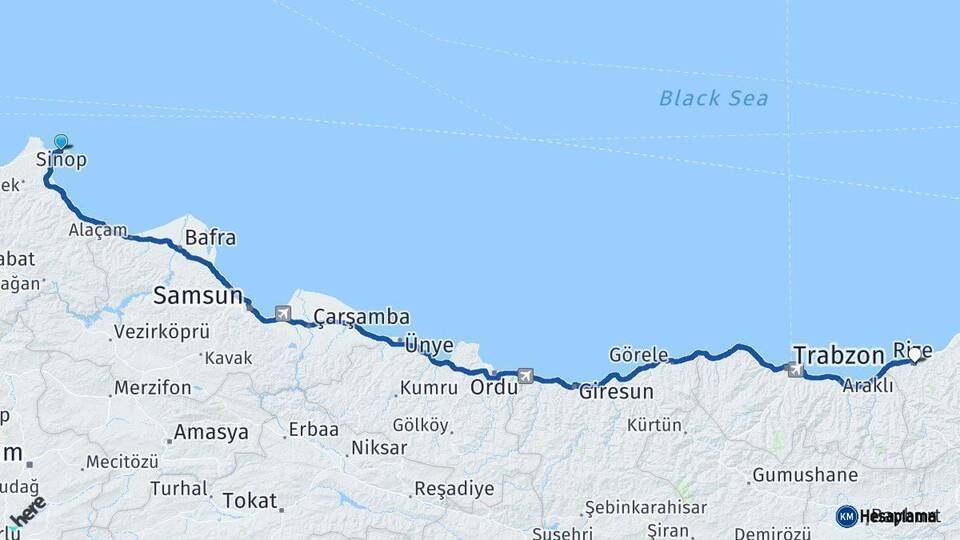 Sinop Rize Arası Kaç Km - Yol Haritası