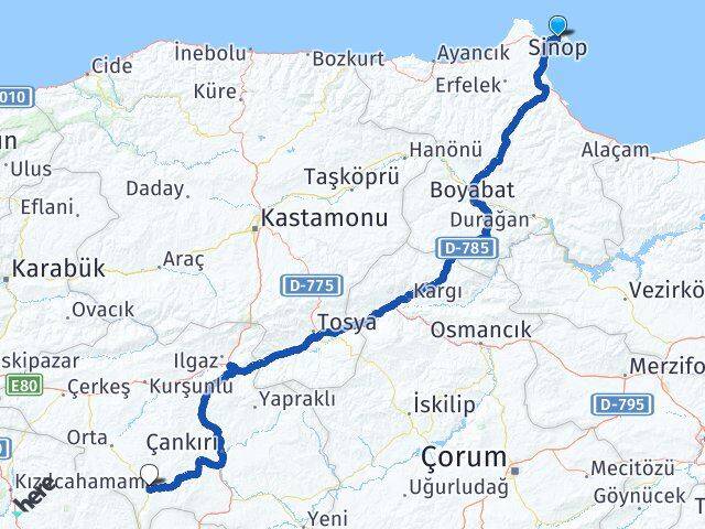 Sinop Şabanözü Çankırı Arası Kaç Km - Yol Haritası