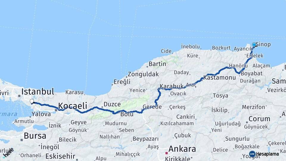 Sinop Sabiha Gökçen Havalimanı Arası Kaç Km - Yol Haritası