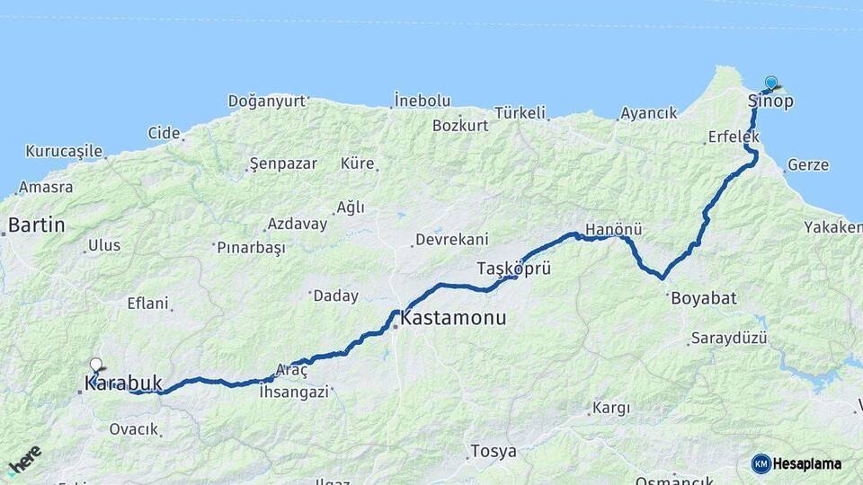 Sinop Safranbolu Karabük Arası Kaç Km - Yol Haritası