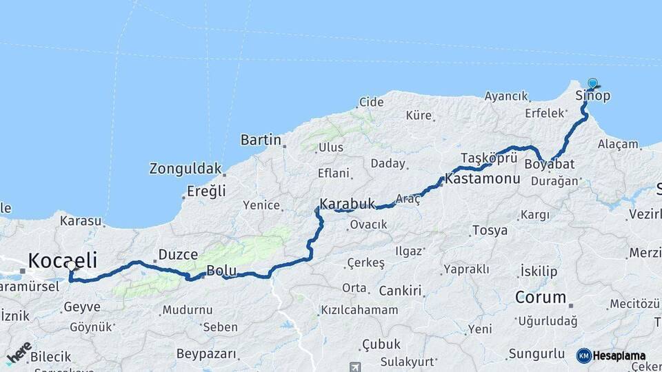 Sinop Sakarya Arası Kaç Km - Yol Haritası