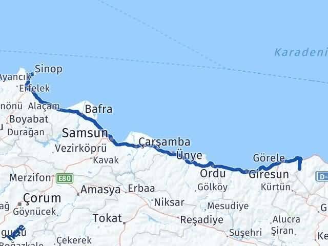 Sinop Şalpazarı Trabzon Arası Kaç Km - Yol Haritası