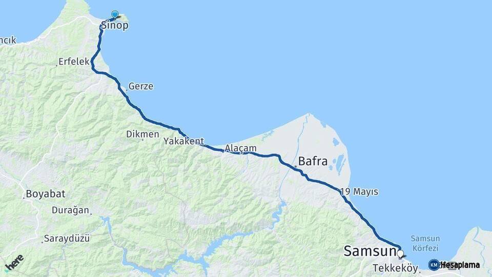 Sinop Samsun Arası Kaç Km - Yol Haritası