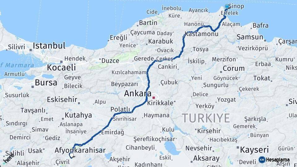 Sinop Sandıklı Afyonkarahisar Arası Kaç Km - Yol Haritası