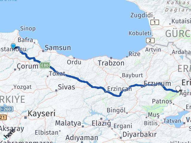 Sinop Saraydüzü Ağrı Arası Kaç Km - Yol Haritası