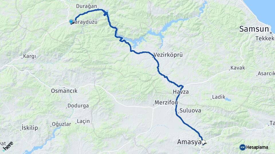 Sinop Saraydüzü Amasya Arası Kaç Km - Yol Haritası