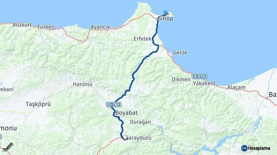 Sinop Saraydüzü Arası Kaç Km - Yol Haritası