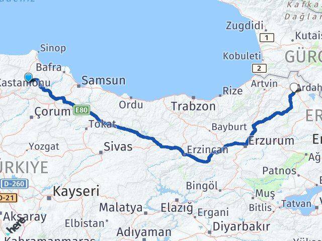 Sinop Saraydüzü Ardahan Arası Kaç Km - Yol Haritası