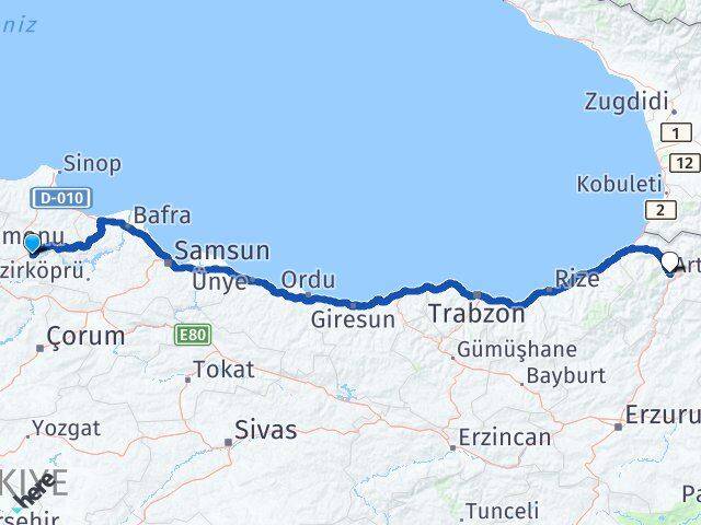 Sinop Saraydüzü Artvin Arası Kaç Km - Yol Haritası