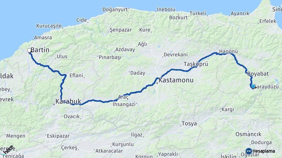 Sinop Saraydüzü Bartın Arası Kaç Km - Yol Haritası