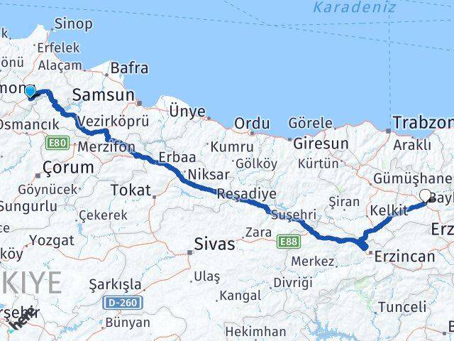 Sinop Saraydüzü Bayburt Arası Kaç Km - Yol Haritası