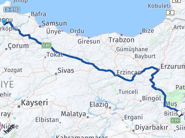 Sinop Saraydüzü Bitlis Arası Kaç Km - Yol Haritası