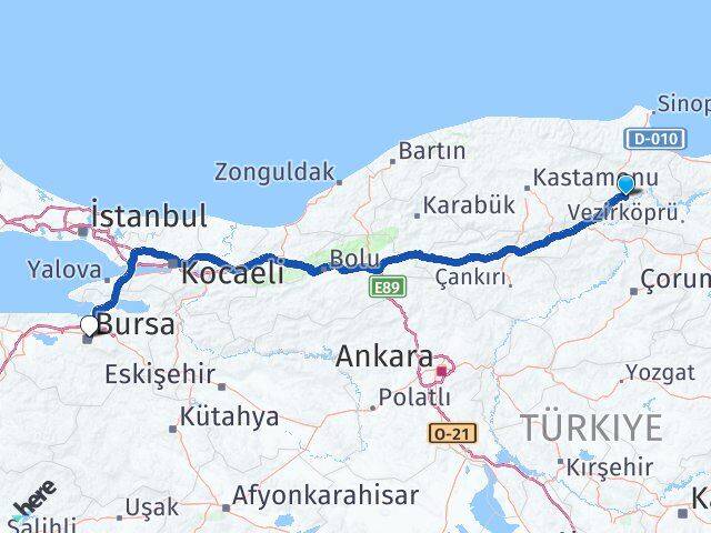 Sinop Saraydüzü Bursa Arası Kaç Km - Yol Haritası