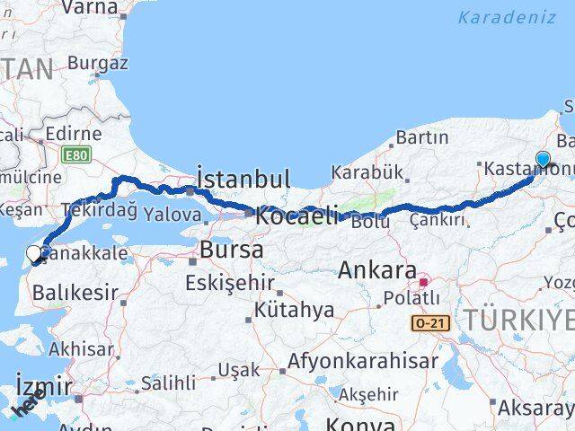 Sinop Saraydüzü Çanakkale Arası Kaç Km - Yol Haritası
