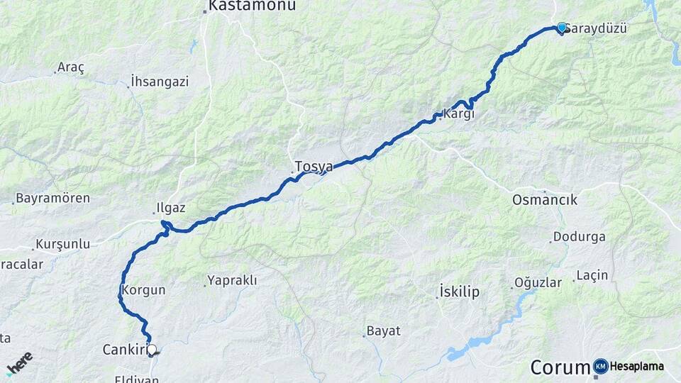 Sinop Saraydüzü Çankırı Arası Kaç Km - Yol Haritası