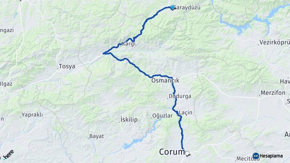 Sinop Saraydüzü Çorum Arası Kaç Km - Yol Haritası