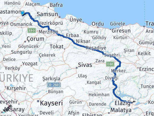 Sinop Saraydüzü Elazığ Arası Kaç Km - Yol Haritası