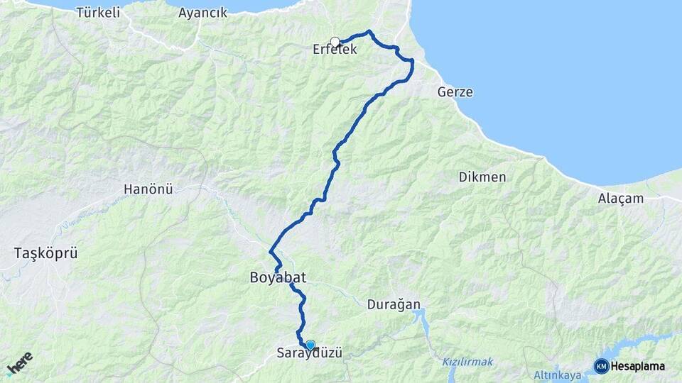 Sinop Saraydüzü Erfelek Arası Kaç Km - Yol Haritası