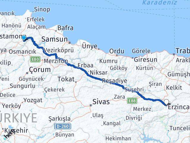Sinop Saraydüzü Erzincan Arası Kaç Km - Yol Haritası