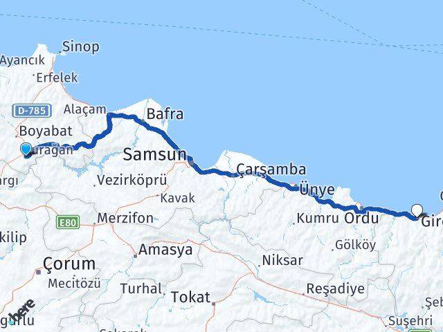 Sinop Saraydüzü Giresun Arası Kaç Km - Yol Haritası