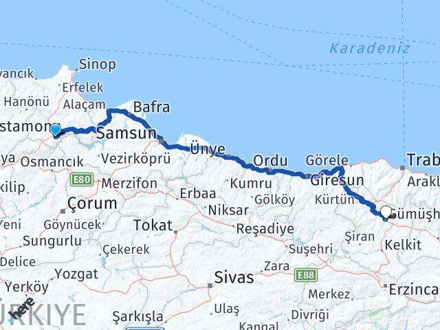 Sinop Saraydüzü Gümüşhane Arası Kaç Km - Yol Haritası