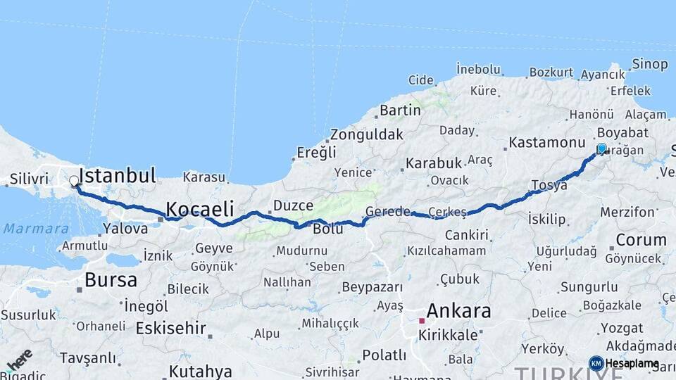 Sinop Saraydüzü İstanbul Arası Kaç Km - Yol Haritası
