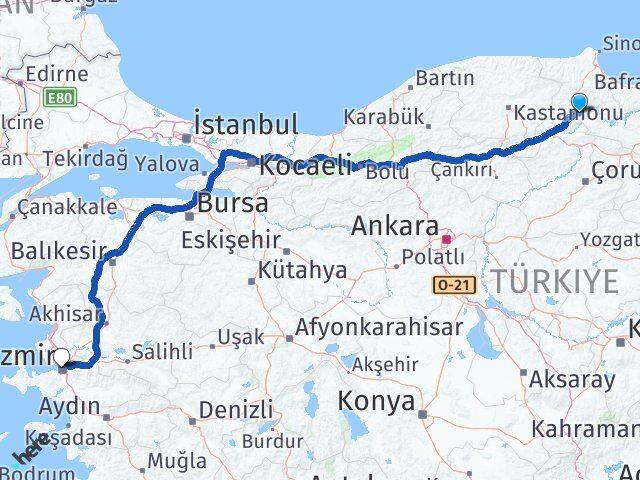 Sinop Saraydüzü İzmir Arası Kaç Km - Yol Haritası