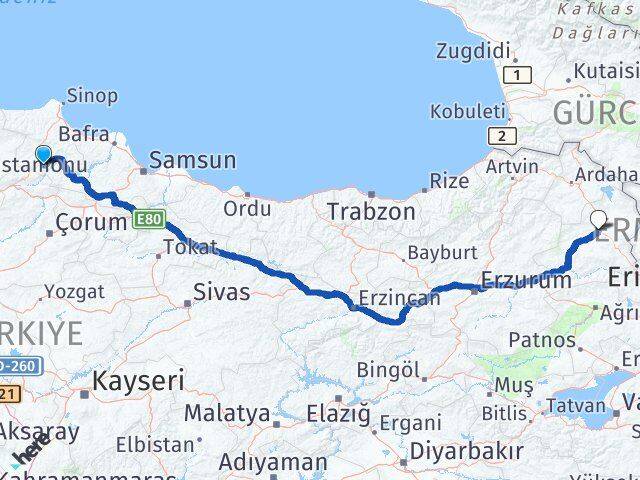Sinop Saraydüzü Kars Arası Kaç Km - Yol Haritası