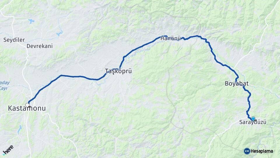 Sinop Saraydüzü Kastamonu Arası Kaç Km - Yol Haritası