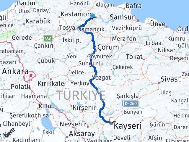 Sinop Saraydüzü Kayseri Arası Kaç Km - Yol Haritası