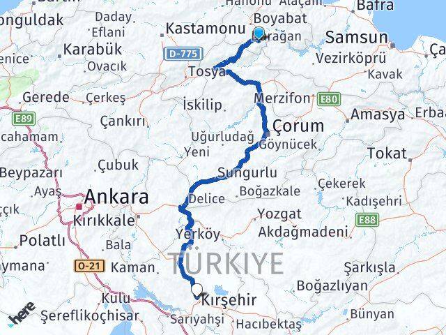 Sinop Saraydüzü Kırşehir Arası Kaç Km - Yol Haritası