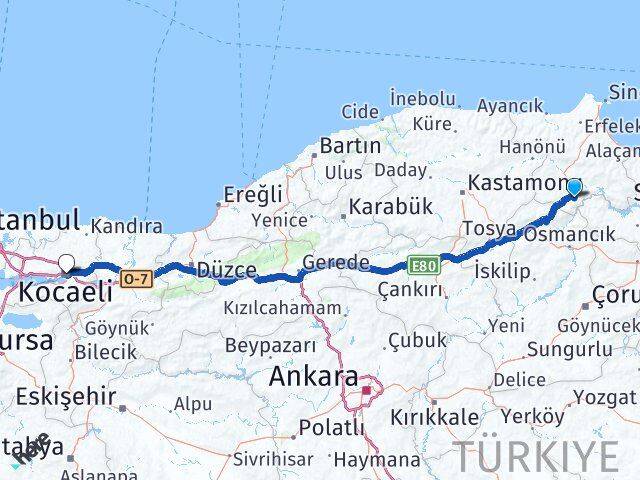 Sinop Saraydüzü Kocaeli Arası Kaç Km - Yol Haritası