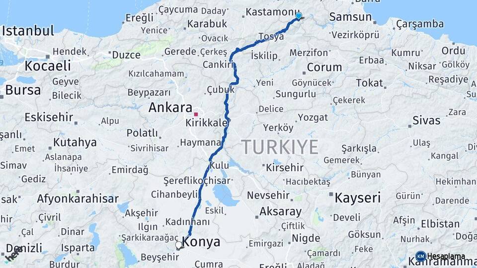 Sinop Saraydüzü Konya Arası Kaç Km - Yol Haritası