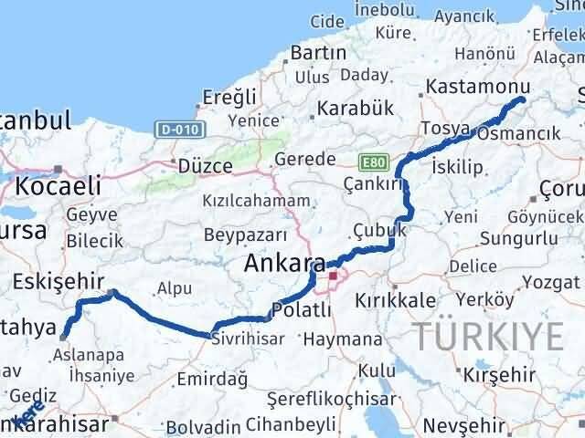 Sinop Saraydüzü Kütahya Arası Kaç Km - Yol Haritası