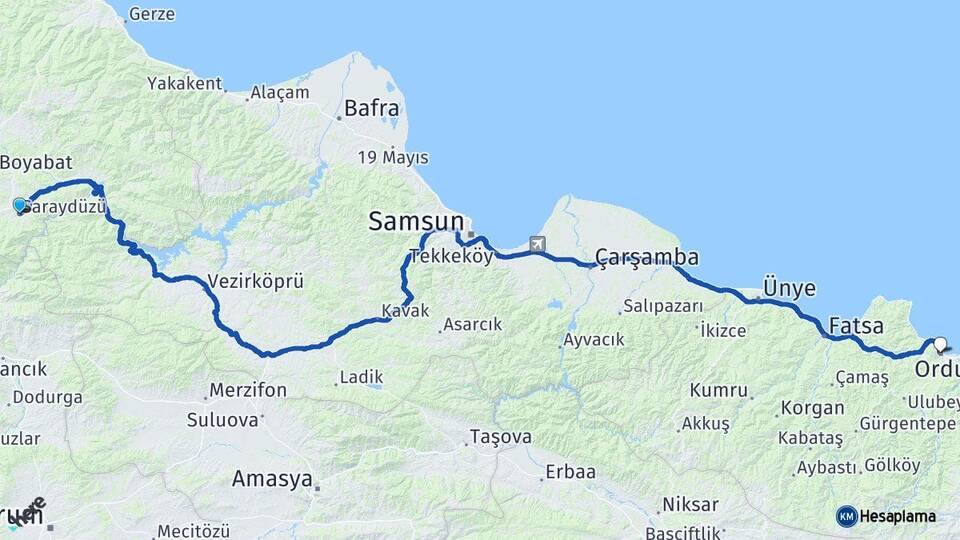 Sinop Saraydüzü Ordu Arası Kaç Km - Yol Haritası