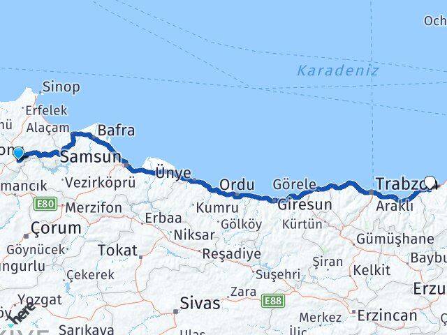 Sinop Saraydüzü Rize Arası Kaç Km - Yol Haritası