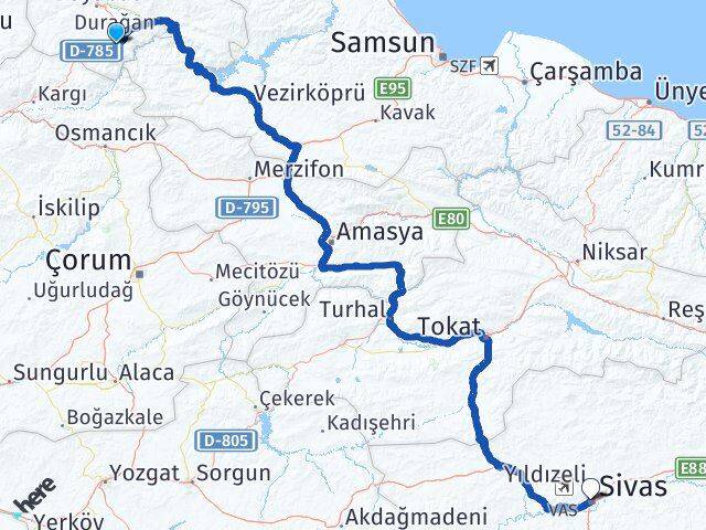 Sinop Saraydüzü Sivas Arası Kaç Km - Yol Haritası