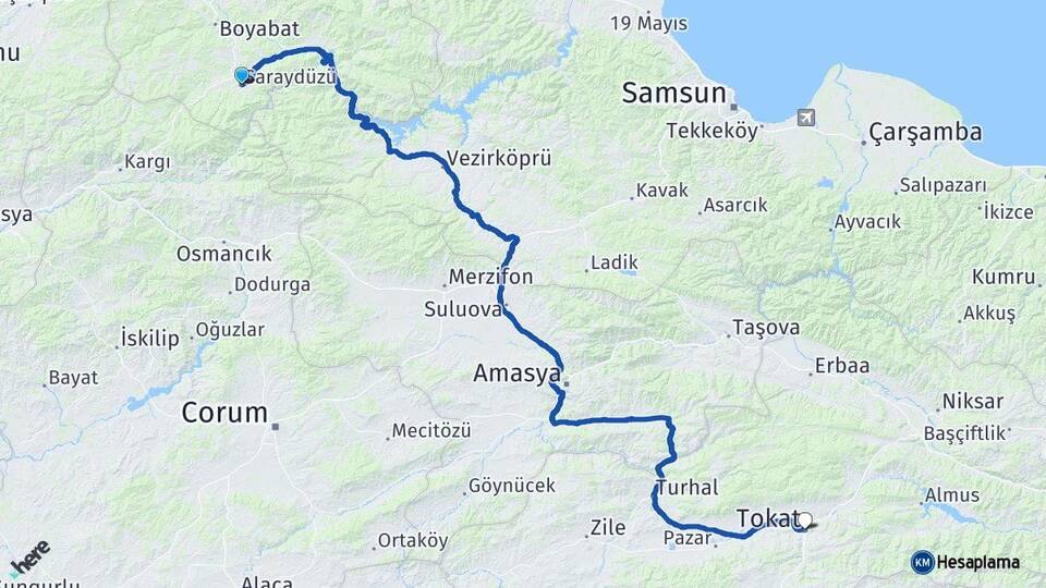 Sinop Saraydüzü Tokat Arası Kaç Km - Yol Haritası