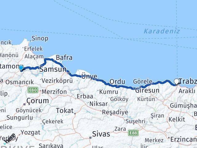 Sinop Saraydüzü Trabzon Arası Kaç Km - Yol Haritası