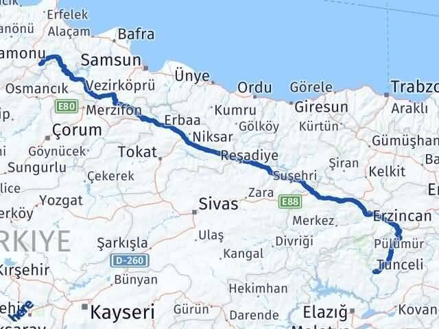 Sinop Saraydüzü Tunceli Arası Kaç Km - Yol Haritası