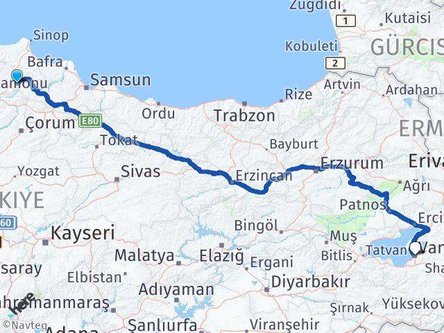 Sinop Saraydüzü Van Arası Kaç Km - Yol Haritası