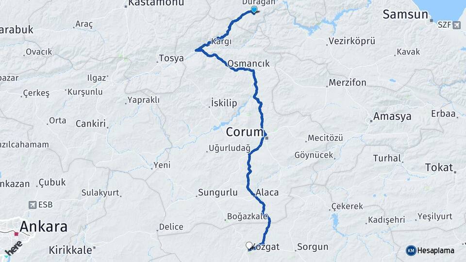 Sinop Saraydüzü Yozgat Arası Kaç Km - Yol Haritası
