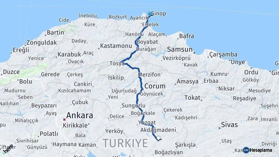 Sinop Sarıkaya Yozgat Arası Kaç Km - Yol Haritası