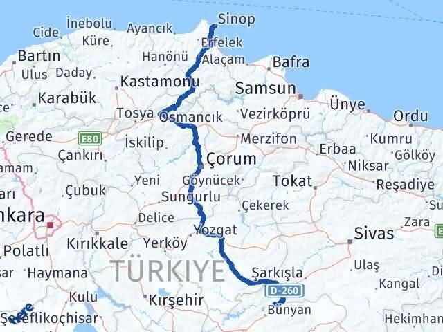 Sinop Sarıoğlan Kayseri Arası Kaç Km - Yol Haritası