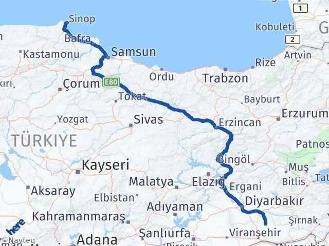 Sinop Savur Mardin Arası Kaç Km - Yol Haritası